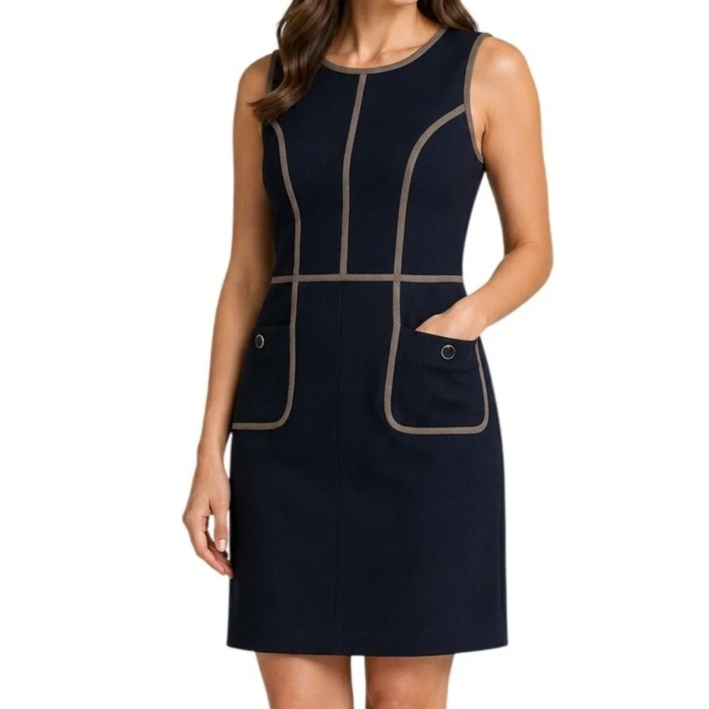 Tory Burch Navy Blue Sleeveless Piped Shift Dress with Pockets Women's 10